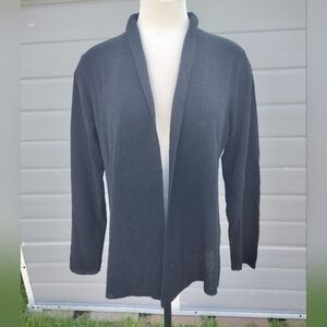 Eileen Fisher Womens Cardigan Large Black Wool Open Front Minimalist Modern